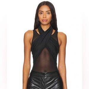 superdown Black Cross-Front Mesh Halter Bodysuit